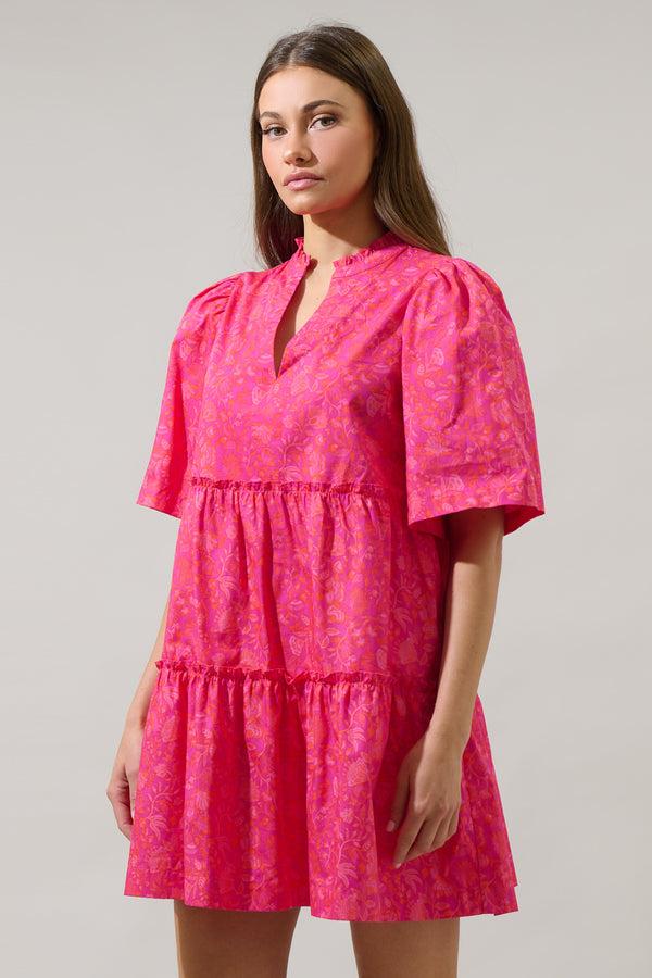 Sugarlips Cerise Floral Dixie Split Neck Shift Dress