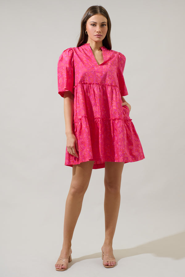 Sugarlips Cerise Floral Dixie Split Neck Shift Dress