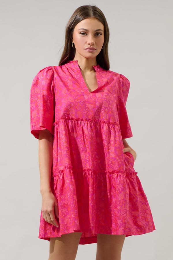 sugarlips Cerise Floral Dixie Split Neck Shift Dress