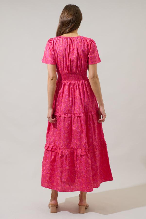 Sugarlips Cerise Floral Palmer Poplin Tiered Maxi Dress