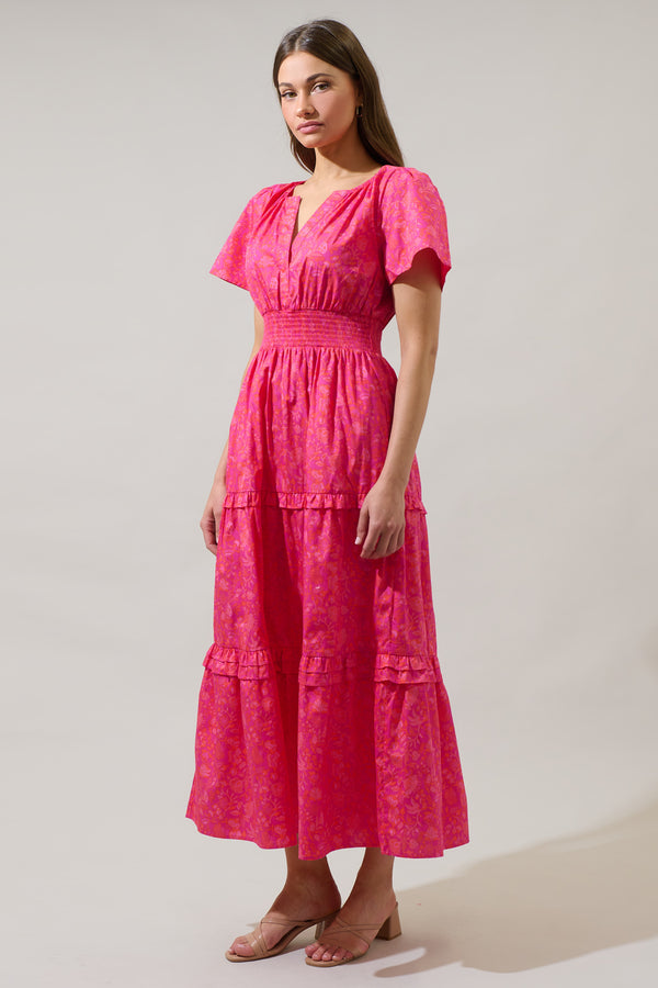 Sugarlips Cerise Floral Palmer Poplin Tiered Maxi Dress