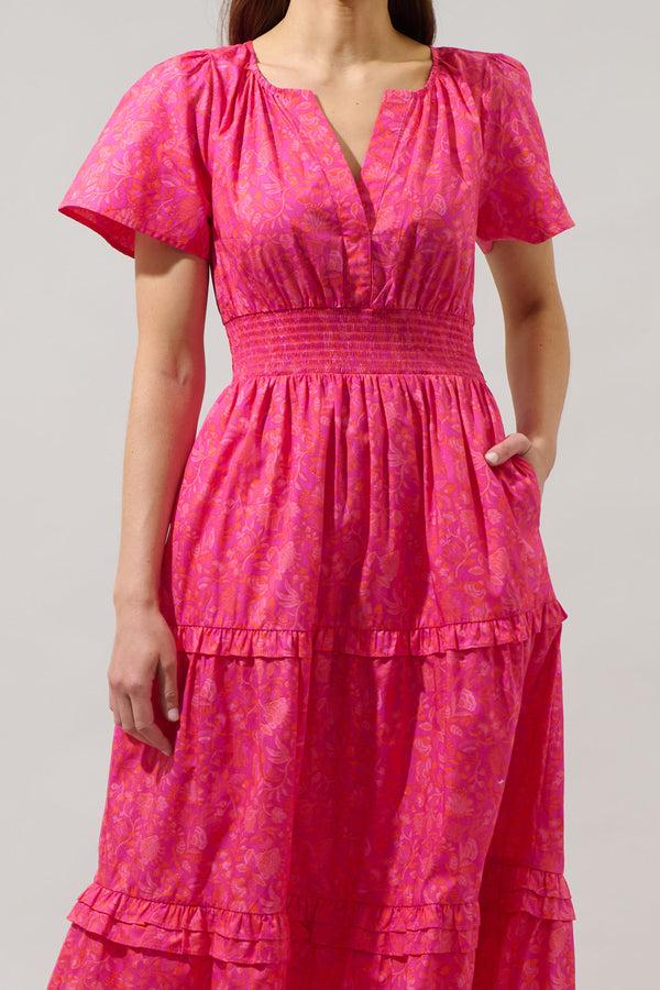 Sugarlips Cerise Floral Palmer Poplin Tiered Maxi Dress