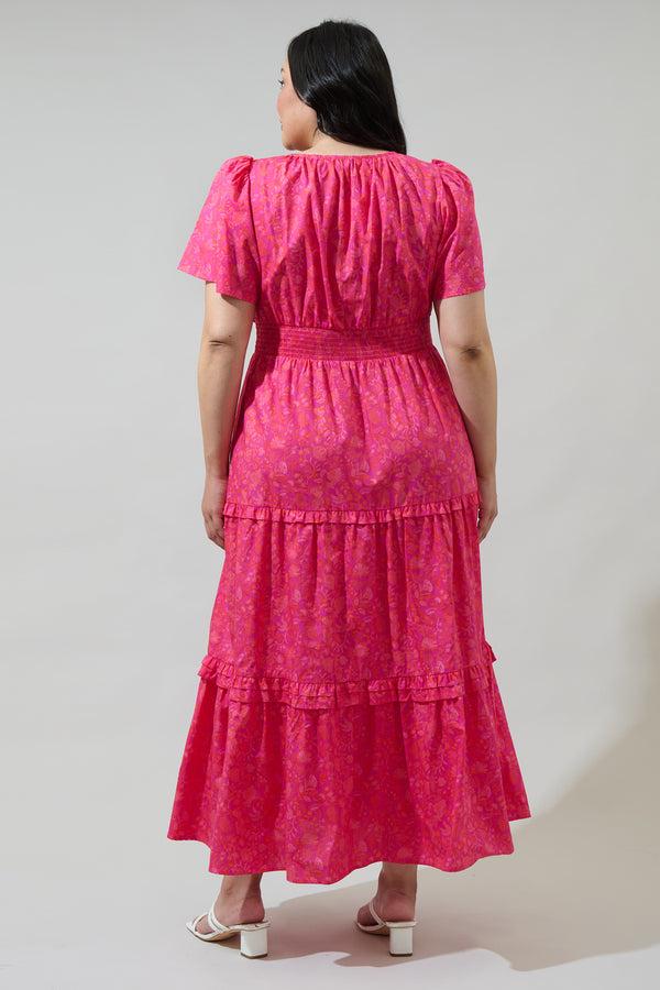 Sugarlips Cerise Floral Palmer Poplin Tiered Maxi Dress Curve