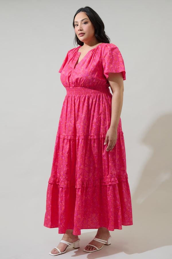 Sugarlips Cerise Floral Palmer Poplin Tiered Maxi Dress Curve