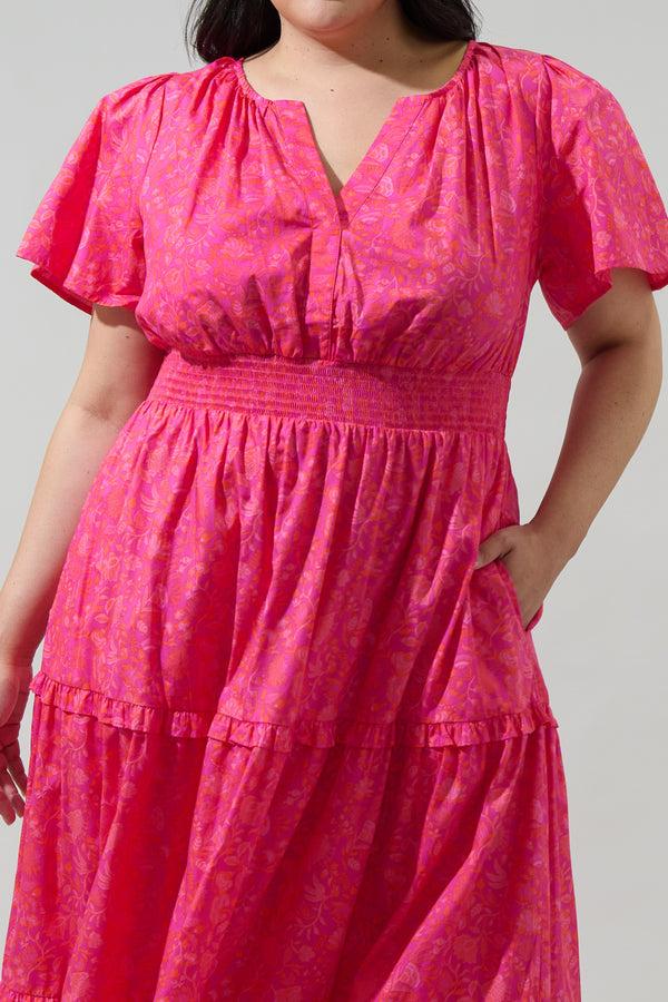 Sugarlips Cerise Floral Palmer Poplin Tiered Maxi Dress Curve