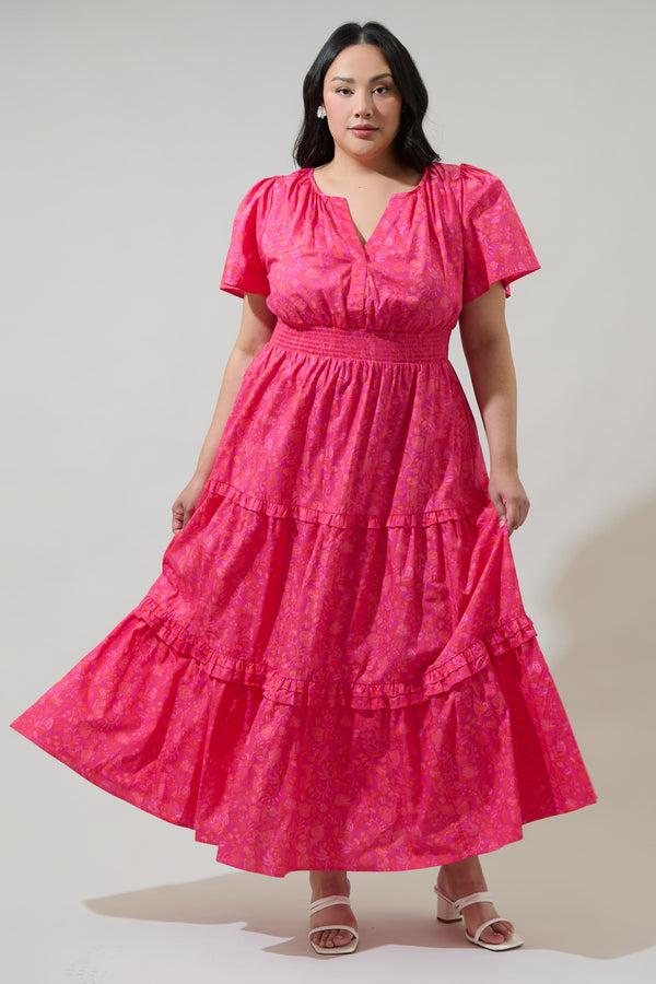 sugarlips Cerise Floral Palmer Poplin Tiered Maxi Dress Curve