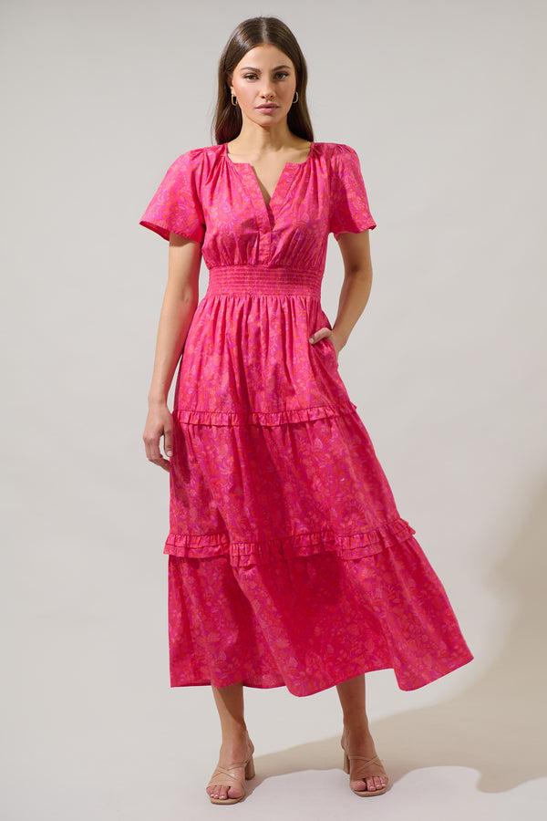 sugarlips Cerise Floral Palmer Poplin Tiered Maxi Dress
