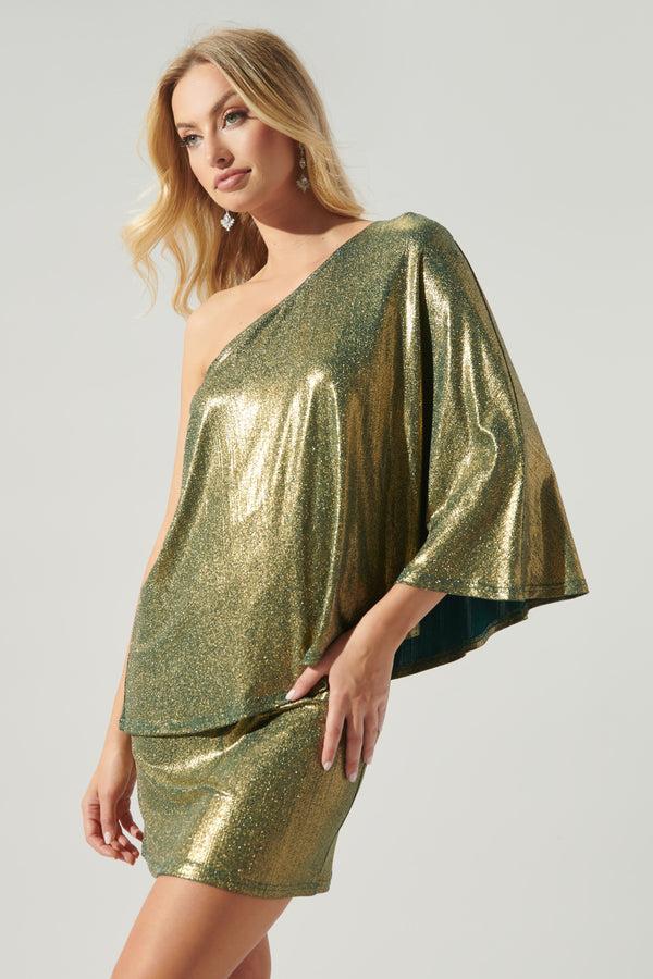 Sugarlips Channing Foil Ribbed Knit One Shoulder Dress