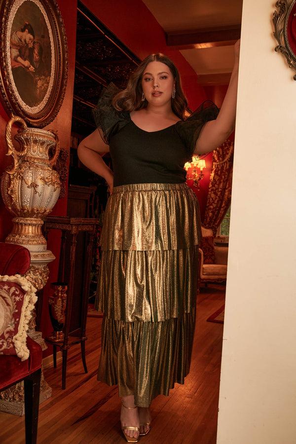 sugarlips Channing Foil Ribbed Knit Tiered Midi Skirt Curve