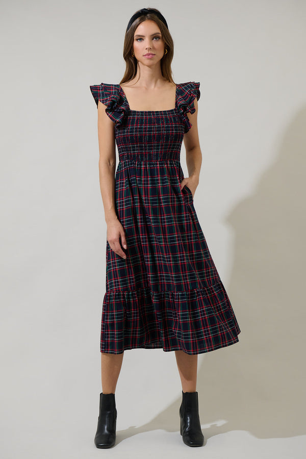 Sugarlips Chapman Plaid Girona Smocked Ruffle Midi Dress