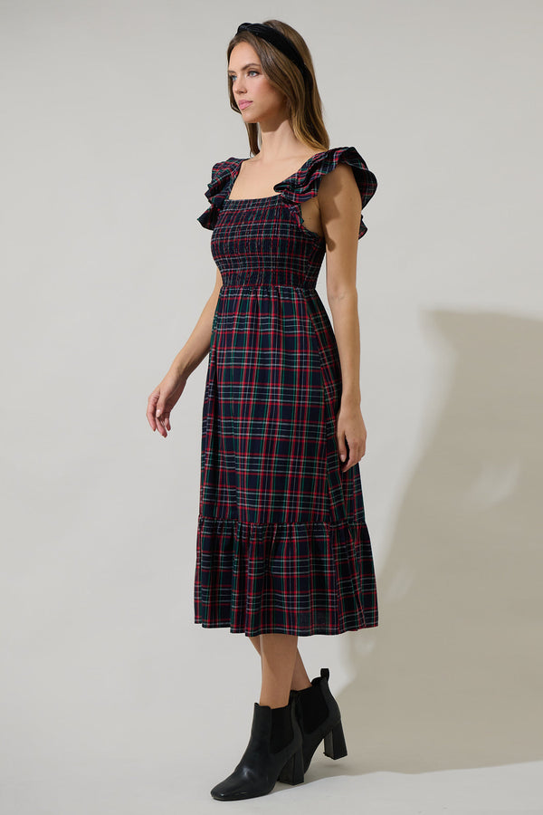 Sugarlips Chapman Plaid Girona Smocked Ruffle Midi Dress
