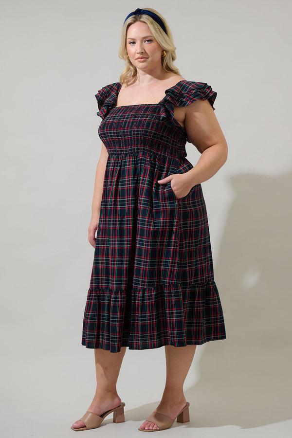 Sugarlips Chapman Plaid Girona Smocked Ruffle Midi Dress Curve