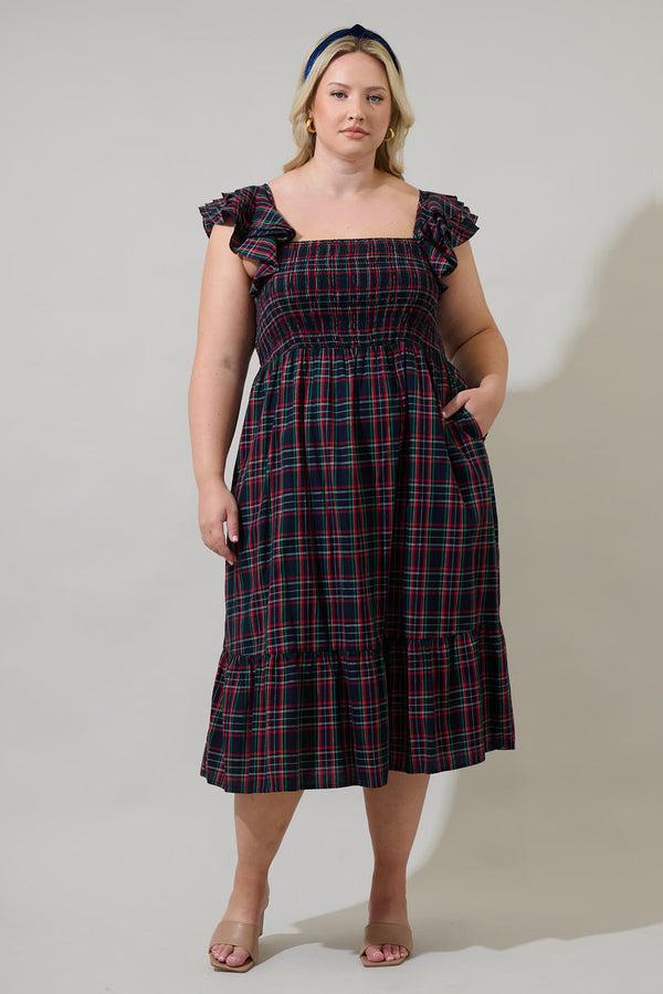 Sugarlips Chapman Plaid Girona Smocked Ruffle Midi Dress Curve