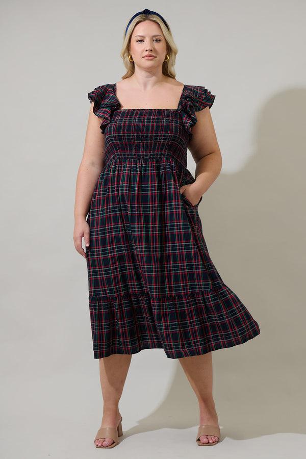 sugarlips Chapman Plaid Girona Smocked Ruffle Midi Dress Curve