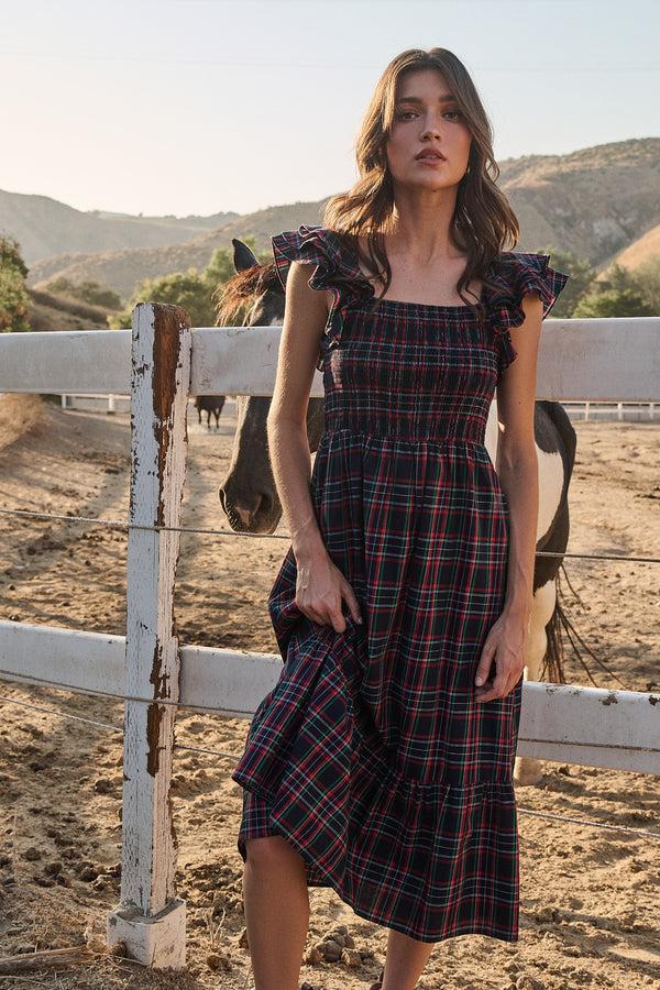 sugarlips Chapman Plaid Girona Smocked Ruffle Midi Dress