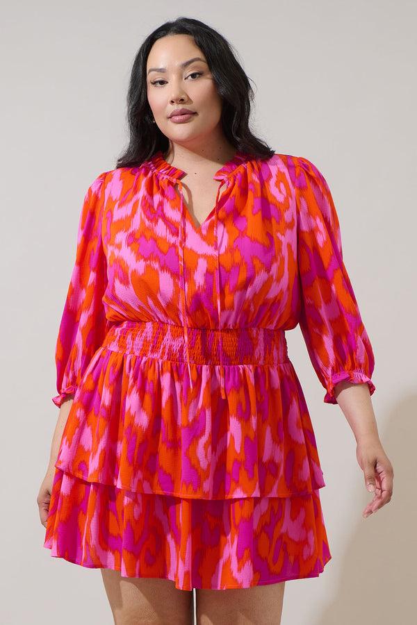 sugarlips Charly Abstract Starla Smocked Tiered Mini Dress Curve