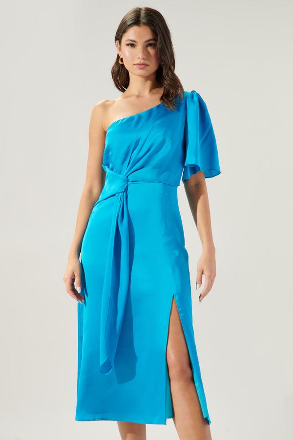 Sugarlips Chateau Satin One Shoulder Twist Front Midi Dress