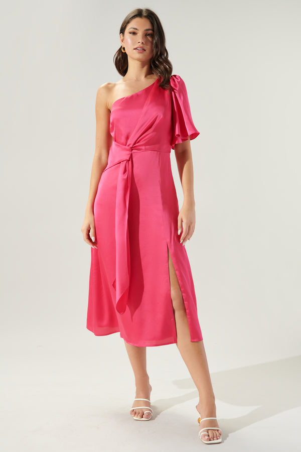 Sugarlips Chateau Satin One Shoulder Twist Front Midi Dress