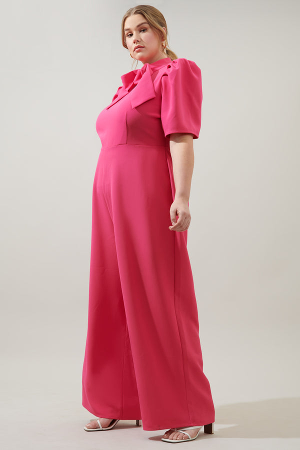 Sugarlips Chelsea Tie Neck Pleated Sleeve Jumpsuit Curve