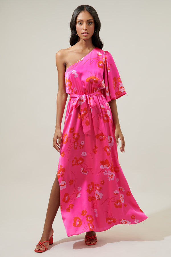Sugarlips Cherry Blossom Meara One Shoulder Satin Maxi Dress