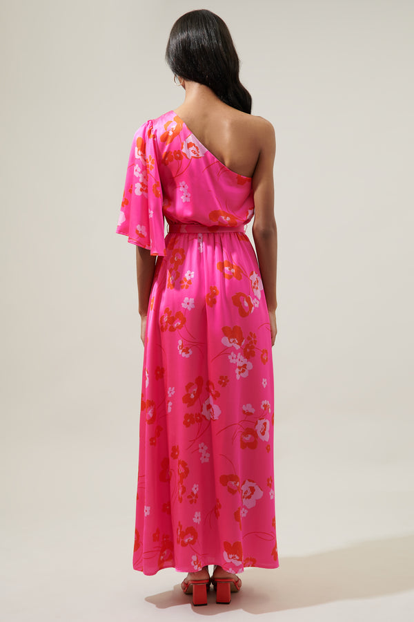 Sugarlips Cherry Blossom Meara One Shoulder Satin Maxi Dress