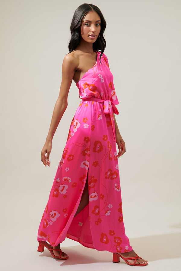 Sugarlips Cherry Blossom Meara One Shoulder Satin Maxi Dress