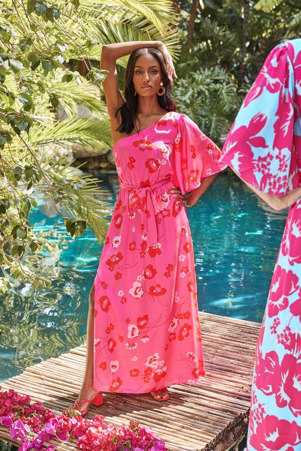 sugarlips Cherry Blossom Meara One Shoulder Satin Maxi Dress