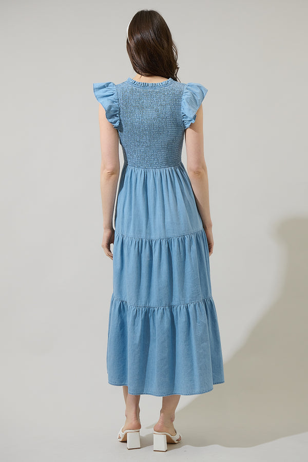 Sugarlips Cierra Denim Sunfire Smocked Bodice Tiered Midi Dress