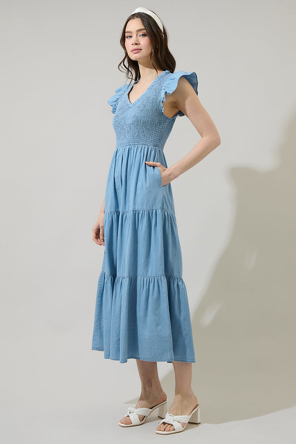 Sugarlips Cierra Denim Sunfire Smocked Bodice Tiered Midi Dress