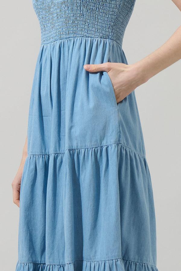 Sugarlips Cierra Denim Sunfire Smocked Bodice Tiered Midi Dress