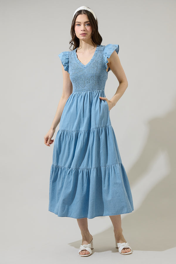 sugarlips Cierra Denim Sunfire Smocked Bodice Tiered Midi Dress