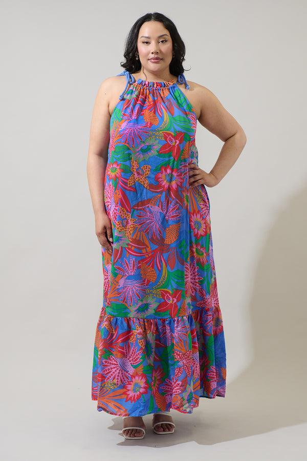 Sugarlips Cindal Floral Kay Halter Neck Maxi Dress Curve