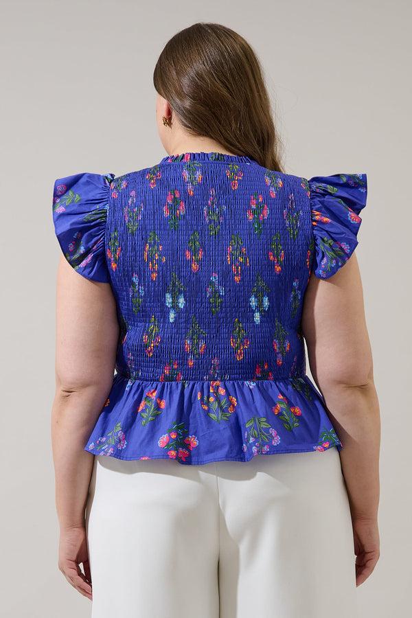 Sugarlips Clemen Floral Brish Smocked Ruffle Top Curve