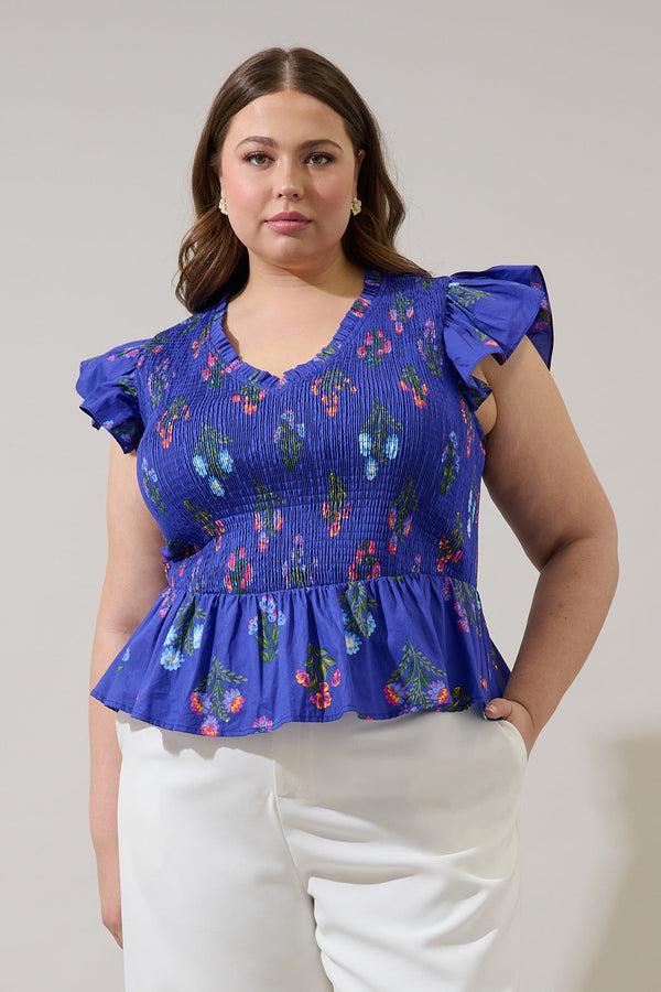 sugarlips Clemen Floral Brish Smocked Ruffle Top Curve