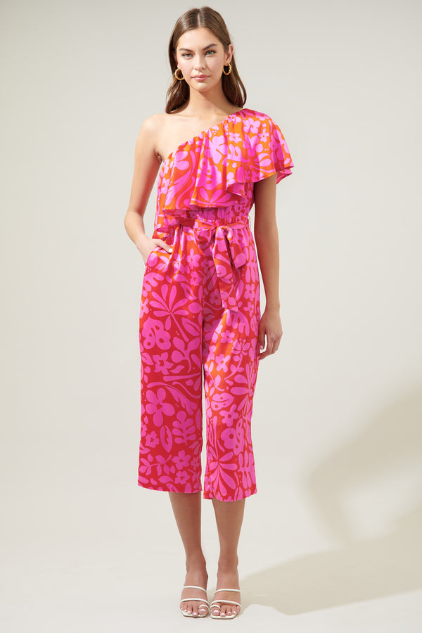 Sugarlips Coral Kiss One Shoulder Ruffle Cropped Jumpsuit