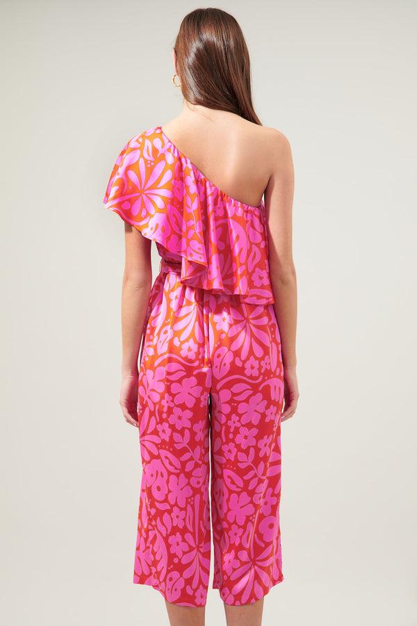 Sugarlips Coral Kiss One Shoulder Ruffle Cropped Jumpsuit