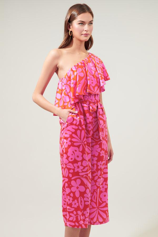 Sugarlips Coral Kiss One Shoulder Ruffle Cropped Jumpsuit