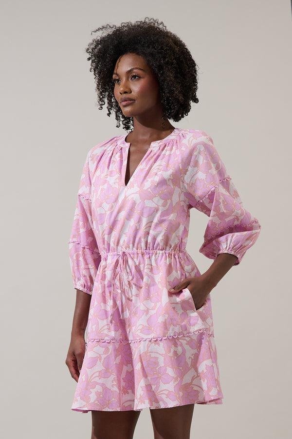 Sugarlips Daney Floral Dabria Split Neck Mini Dress