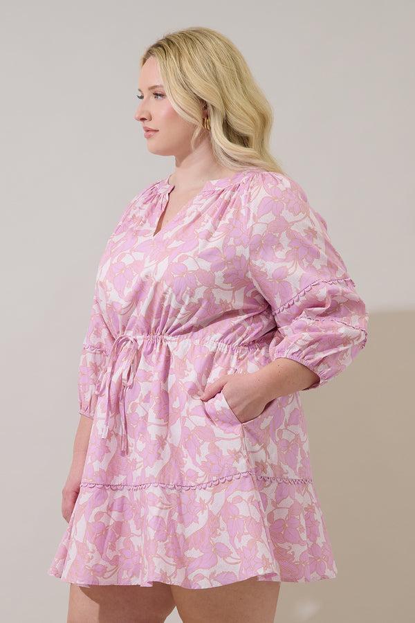 Sugarlips Daney Floral Dabria Split Neck Mini Dress Curve