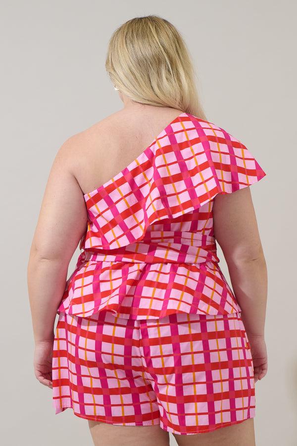 Sugarlips Darvy Checker Gris One Shoulder Top Curve