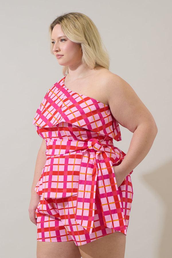 Sugarlips Darvy Checker Gris One Shoulder Top Curve