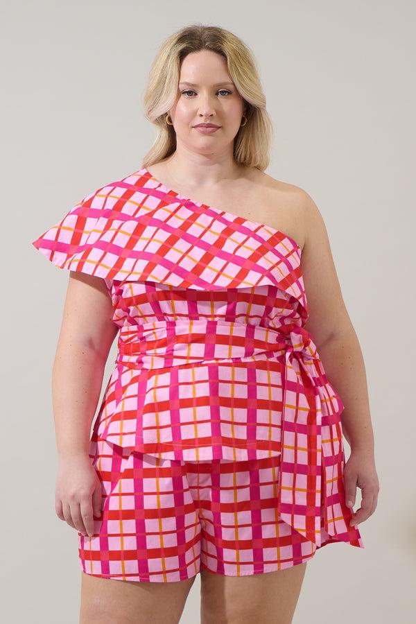 sugarlips Darvy Checker Gris One Shoulder Top Curve