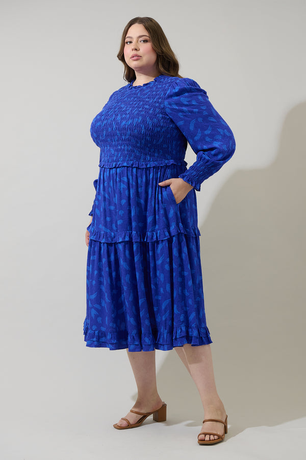 Sugarlips Darya Strokes Seldy Smocked Midi Dress Curve