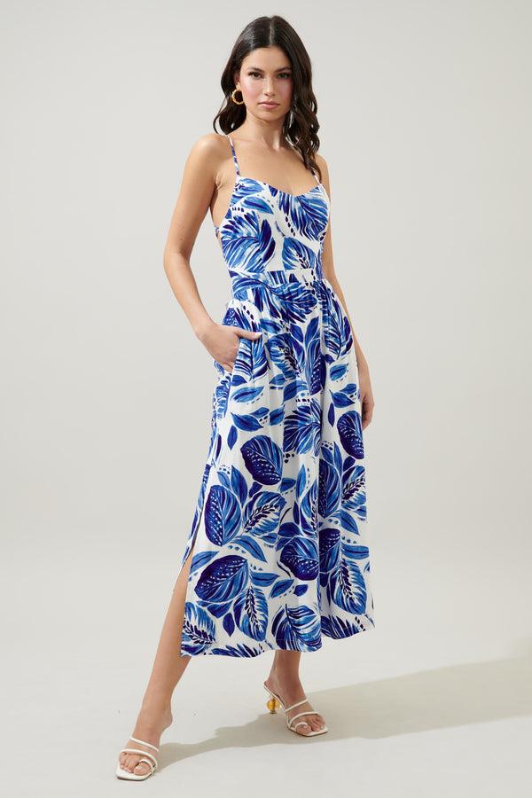 Sugarlips Dawson Palm Print Aisha Open Back Midi Dress