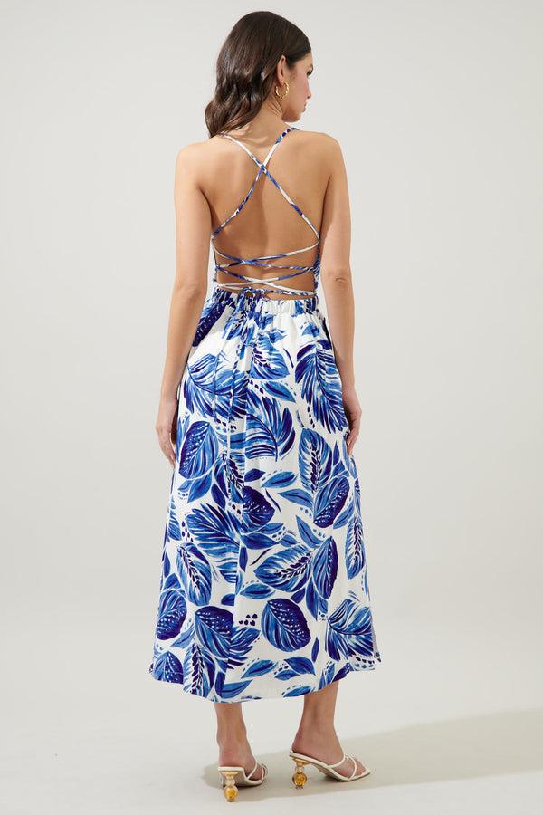 Sugarlips Dawson Palm Print Aisha Open Back Midi Dress