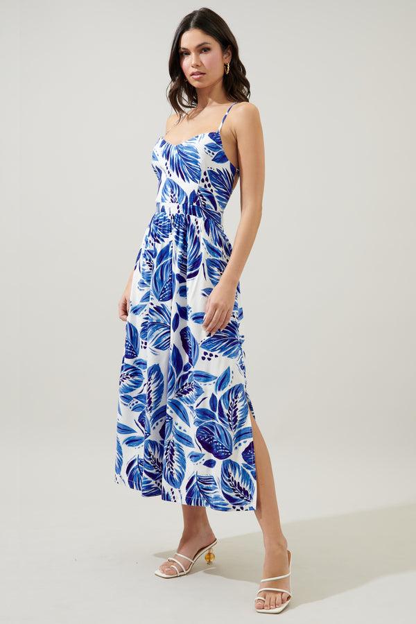 Sugarlips Dawson Palm Print Aisha Open Back Midi Dress