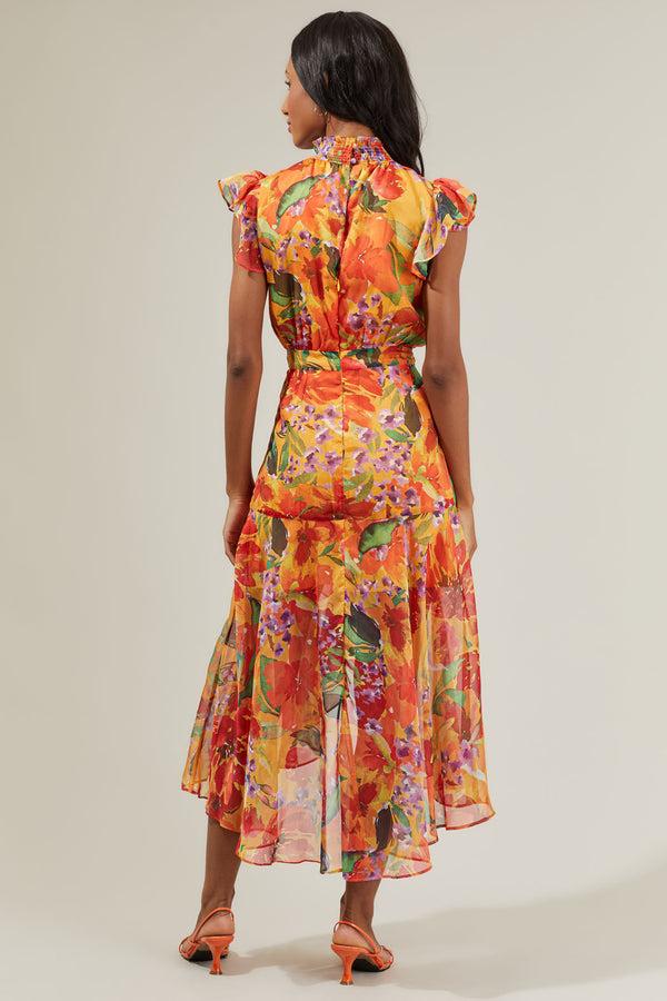 Sugarlips Delilah Floral Blouson Drape Tiered Midi Dress