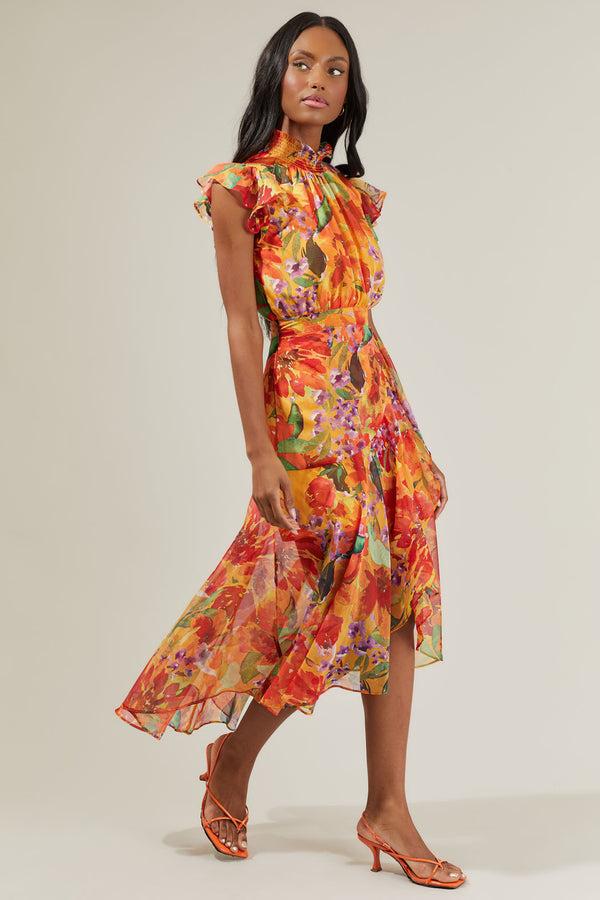 Sugarlips Delilah Floral Blouson Drape Tiered Midi Dress