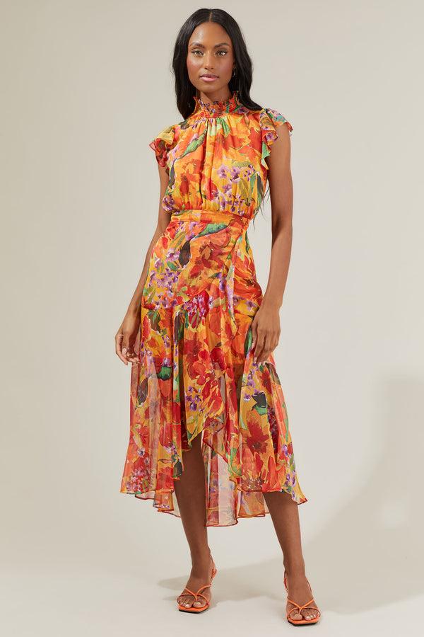 Sugarlips Delilah Floral Blouson Drape Tiered Midi Dress