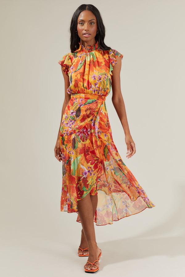 sugarlips Delilah Floral Blouson Drape Tiered Midi Dress